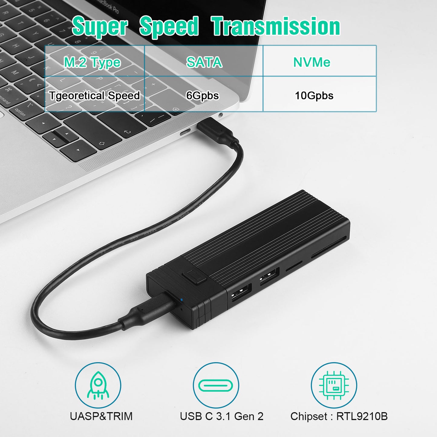 USB Hub M.2 Solid State Drive Enclosure Computer Laptop External Hard Disk Case for Mac OS/Linux/Windows/Android - Black
