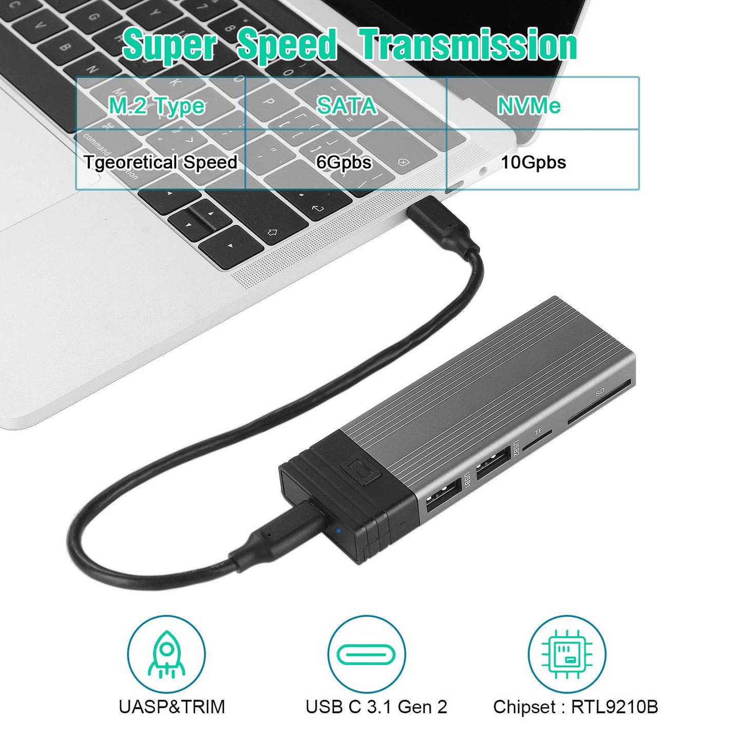 USB Hub M.2 Solid State Drive Enclosure Computer Laptop External Hard Disk Case for Mac OS/Linux/Windows/Android - Grey