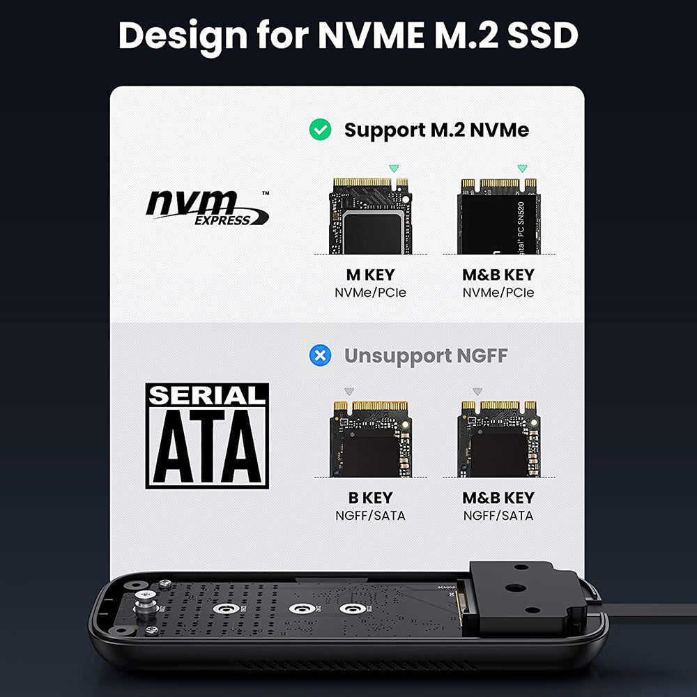 UGREEN 70691 NVMe SSD Enclosure USB C 3.1 Gen 2 M.2 NVME Mobile Hard Drive Case with Cable Support 10Gbps Transfer Speed Compatible with 2230/2242/2260/2280 SSD