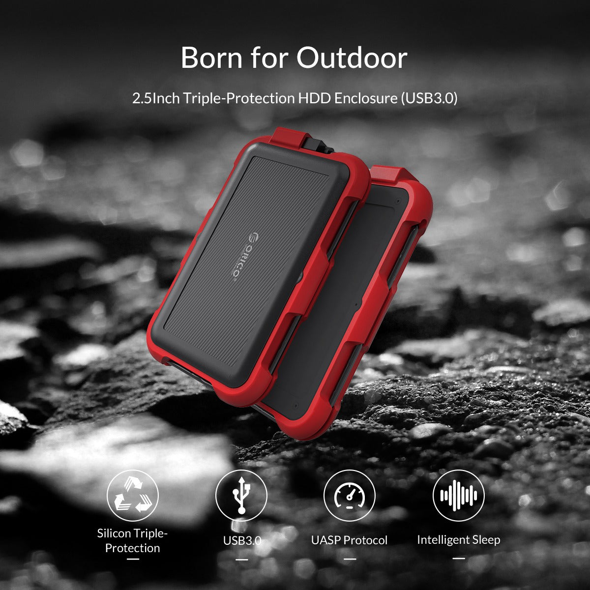 ORICO 2799U3 2.5 inch Triple-Protection HDD Enclosure Solid State Hard Driver Box IP64 Waterproof Silicone Hard Disk Case Support 5Gbps Transmission/Auto Sleep Function