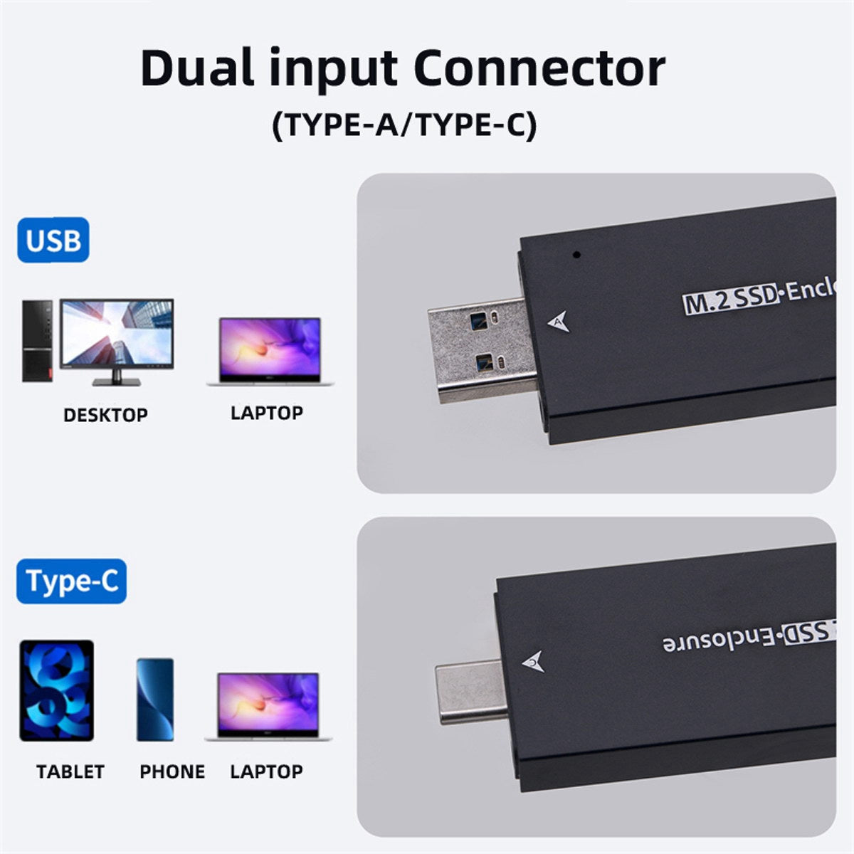 UC-057-2280MM Combo Type-C + USB3.0 to NVME M-key M.2 NGFF SATA SSD PCBA Case 2280 / 2242 / 2230mm RTL9210B Chipset