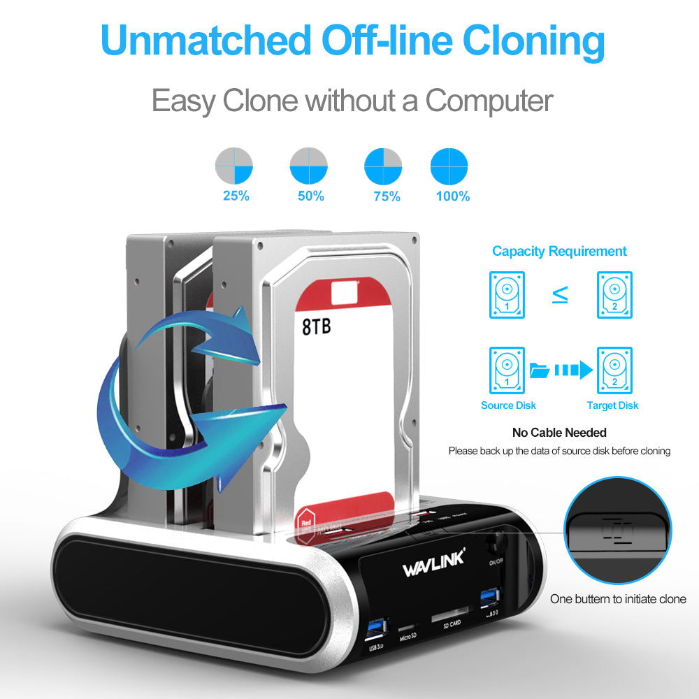 Uniqkart ST336A Dual Bay External Hard Drive Docking Station 2.5 / 3.5 inch SATA HDD with Offline Clone Function - US Plug