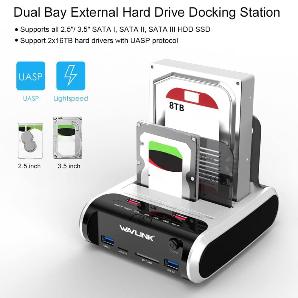Uniqkart ST336A Dual Bay External Hard Drive Docking Station 2.5 / 3.5 inch SATA HDD with Offline Clone Function - EU Plug