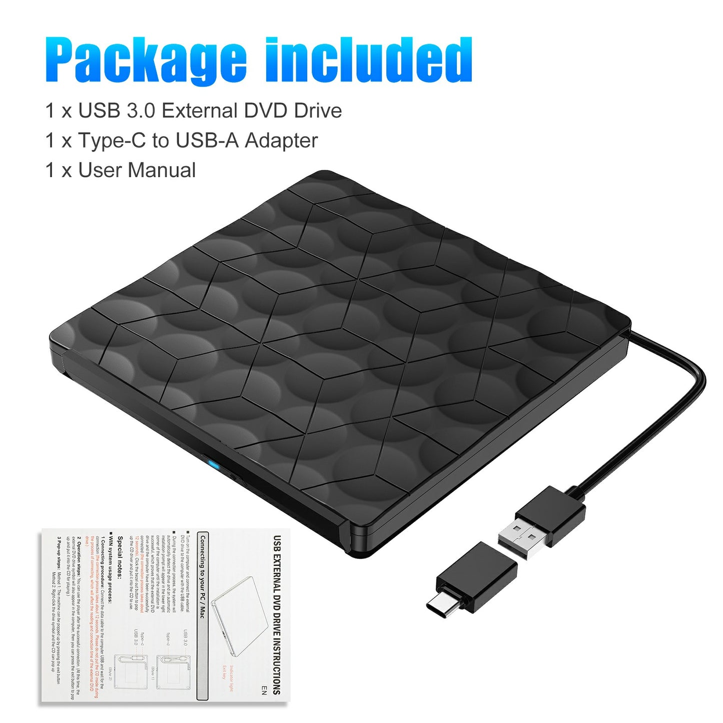 Portable Slim CD / DVD Drive for Laptop USB3.0 External DVD Burner Optical Disk Drive for Windows 98 / ME / Mac OS8.6