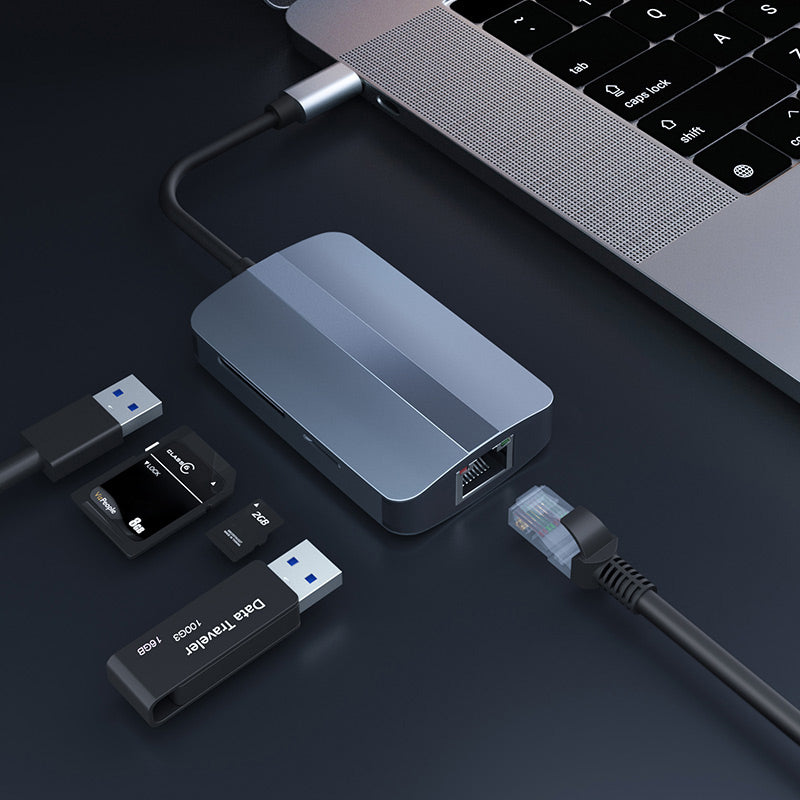 Uniqkart JSM-HUB018 5-In-1 Adapter Type-C Hub to 2xCard Reader Slots+USB 3.0+USB 2.0+RJ45 Port 100Mbps