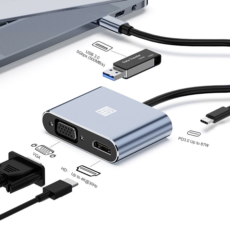 Uniqkart JSM-HUB011 USB-C Hub Extension Adapter to 4K HD Video Output+87W PD Port+VGA for Laptop Computer