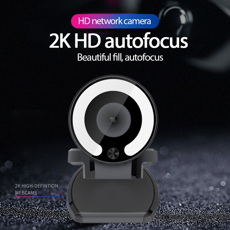 2K HD USB Webcam Auto Focus with Microphone and 3-Color Ring Light for PC Laptop