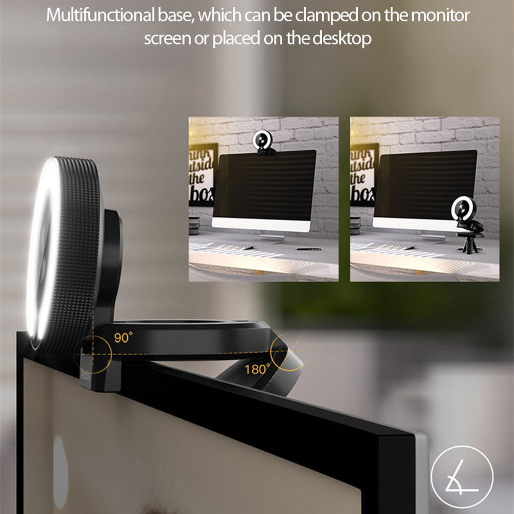 2K HD USB Webcam Auto Focus with Microphone and 3-Color Ring Light for PC Laptop