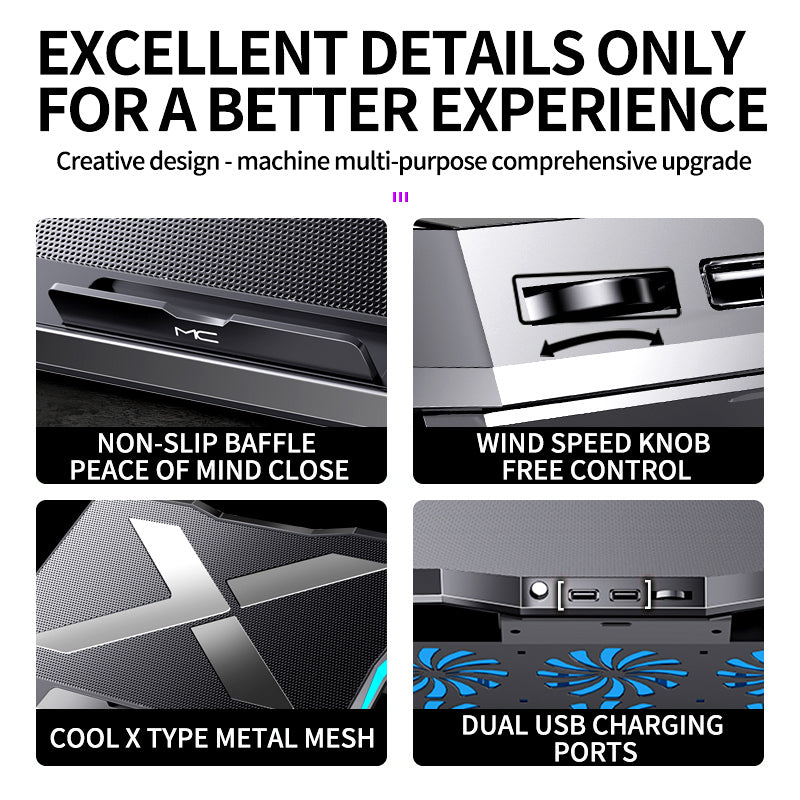 Q3 Laptop Fan Cooling Stand Gaming Cooler with 6 Quiet Cooling Fans Adjustable Notebook Support Holder Riser
