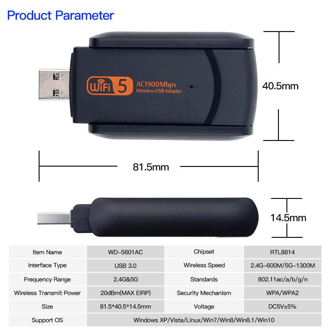 AC1900M 2.4G+5G Dual Band USB Wireless Adapter WiFi Network Card with Antenna for PC Laptop Desktop