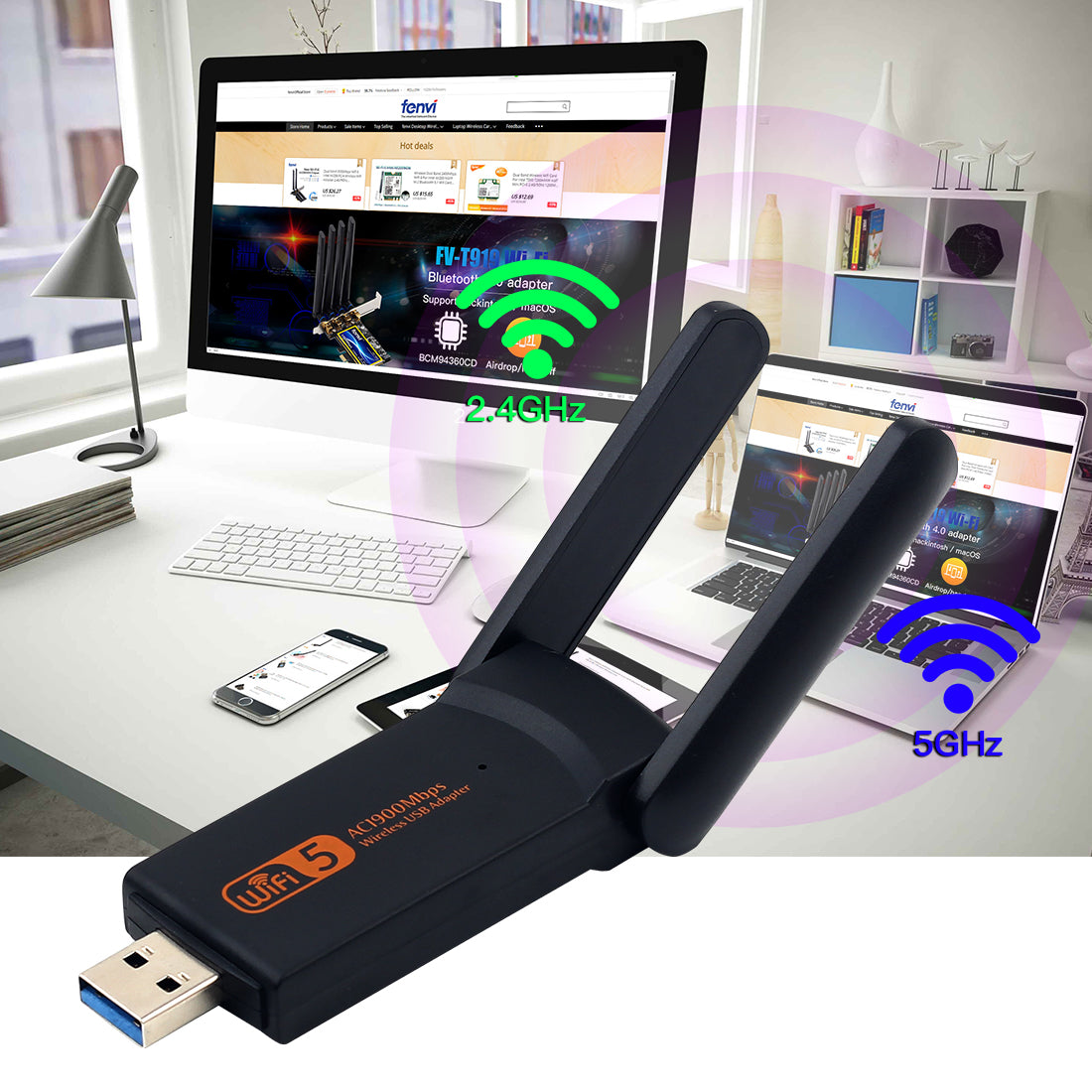 AC1900M 2.4G+5G Dual Band USB Wireless Adapter WiFi Network Card with Antenna for PC Laptop Desktop