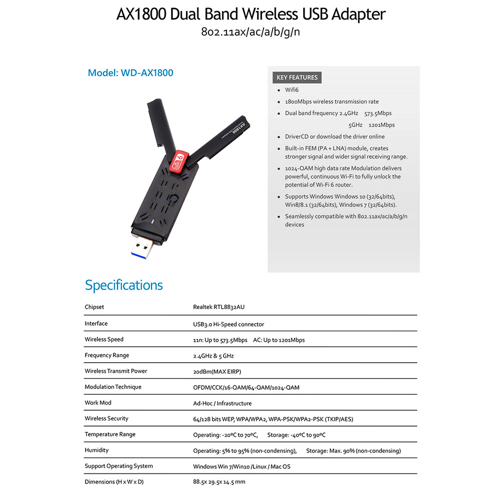1800Mbps WiFi 6 Adapter 2.4G/5G Dual Band USB 3.0 Wireless Dongle Network Card