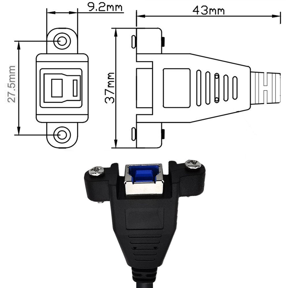 U3-007-0.5M Dual Thumbscrews USB 3.0 Back Panel Mount B Male to Female B Type Extension Cable 0.5m