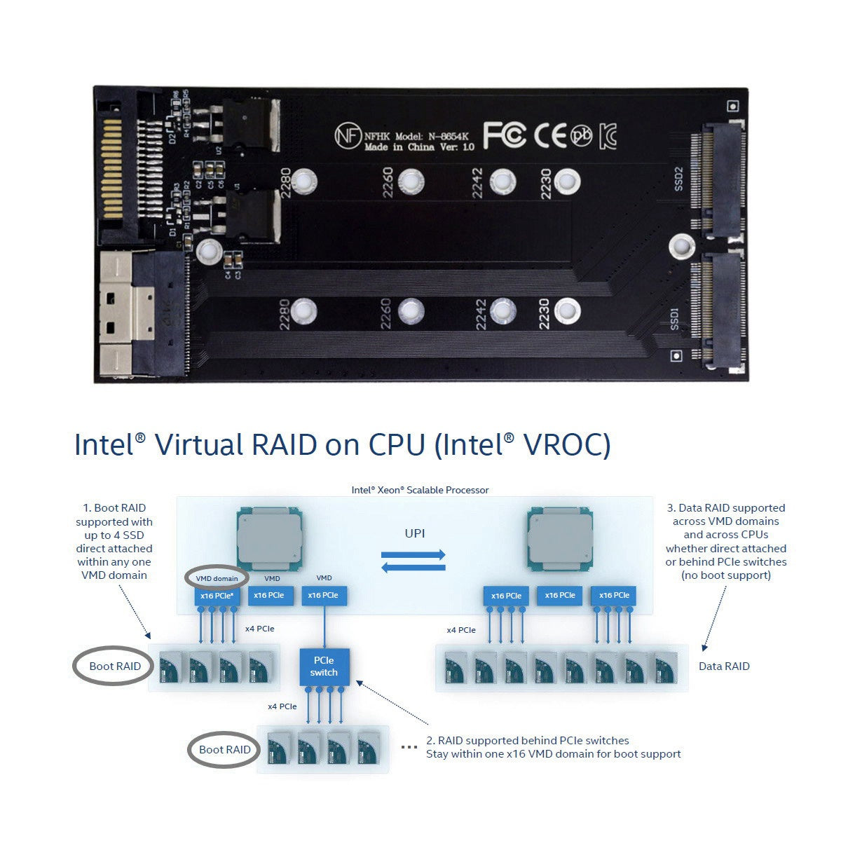 SA-014 Dual 2X NVME M.2 AHCI to PCIE Express 3.0 4.0 Slimline SFF-8654 8X Raid Card VROC Raid0 Hyper Adapter