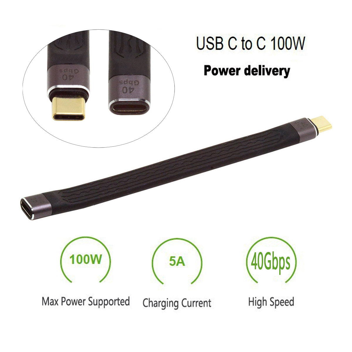UC-040-0.13M 13cm USB4 Extension Cable Flat Male to Female 40Gbps Support 100W Charging 8K/60Hz Cord Compatible with Thunderbolt3/4