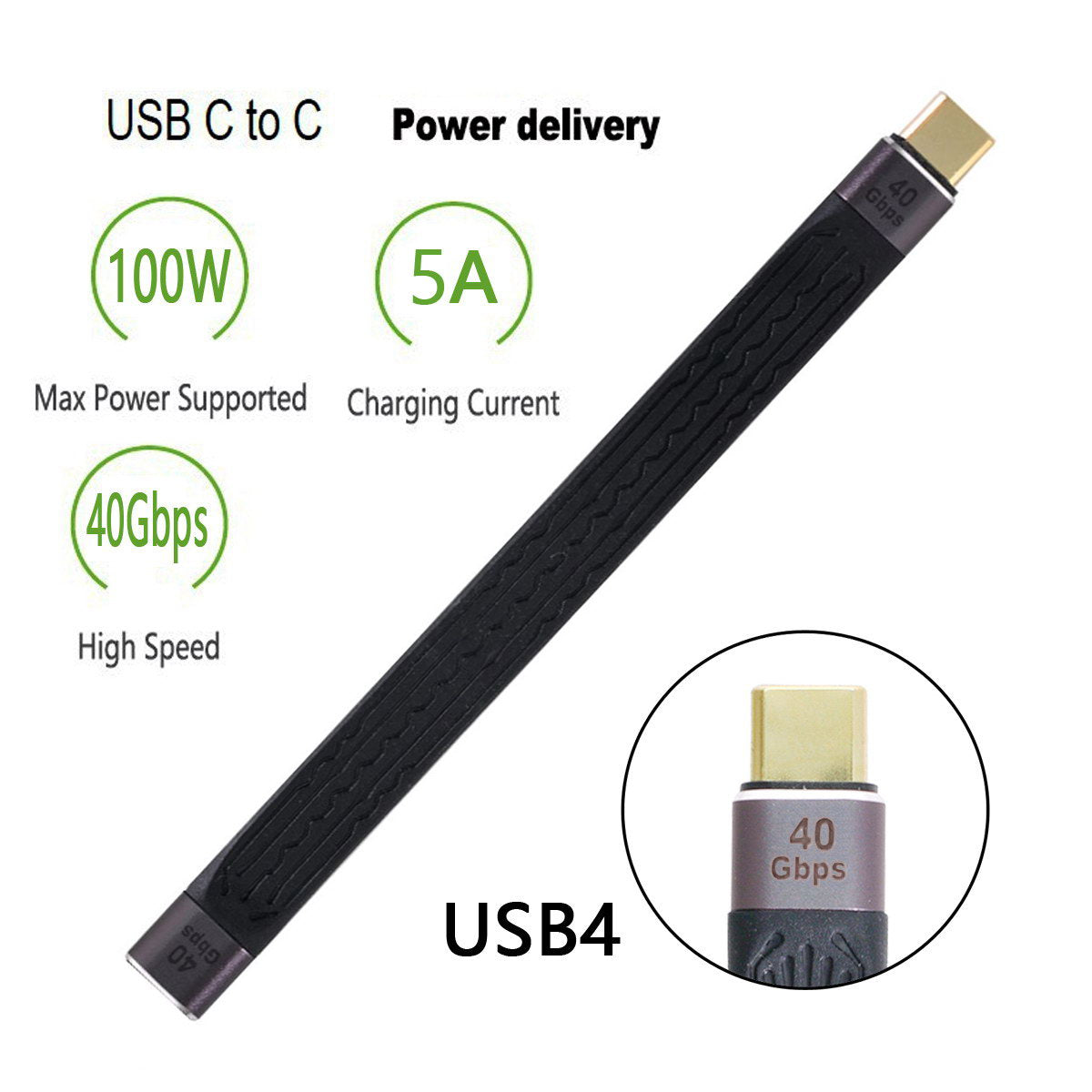 UC-040-0.13M 13cm USB4 Extension Cable Flat Male to Female 40Gbps Support 100W Charging 8K/60Hz Cord Compatible with Thunderbolt3/4