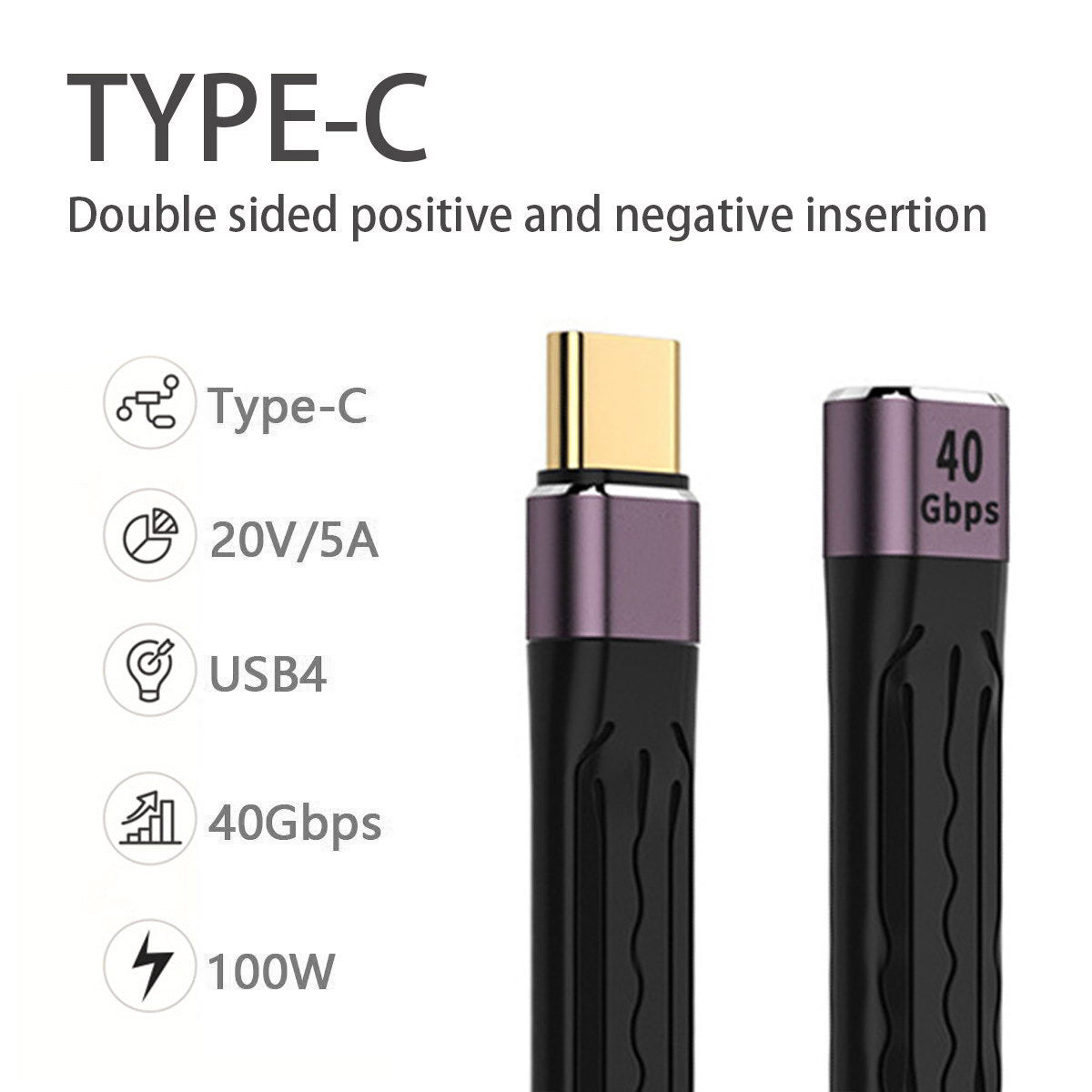 UC-040-0.13M 13cm USB4 Extension Cable Flat Male to Female 40Gbps Support 100W Charging 8K/60Hz Cord Compatible with Thunderbolt3/4