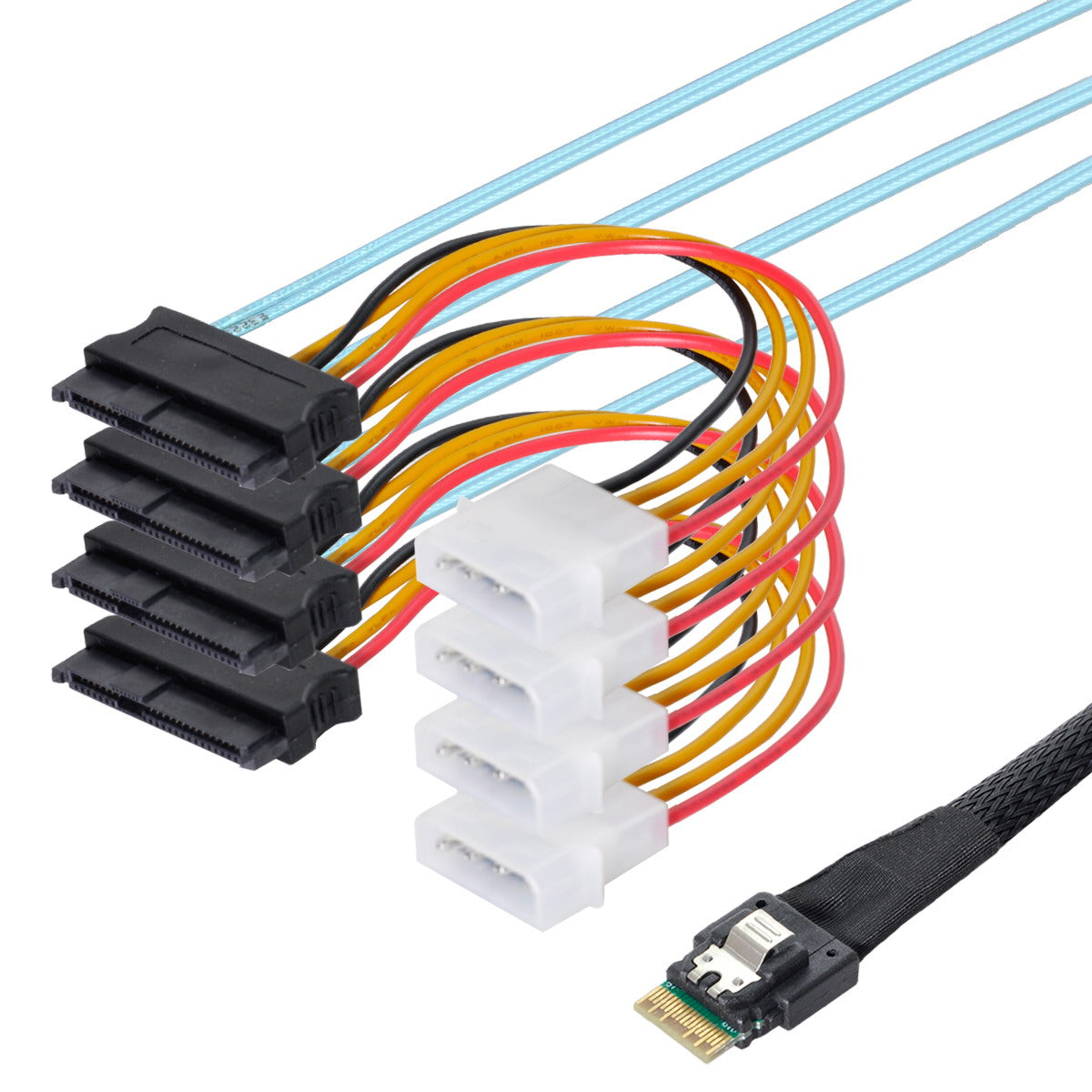 SF-047-1.0M Slimline SAS 4.0 SFF-8654 4i 38Pin Host to 4 SAS 29Pin SFF-8482 Target Hard Disk Fanout Raid Cable 1m