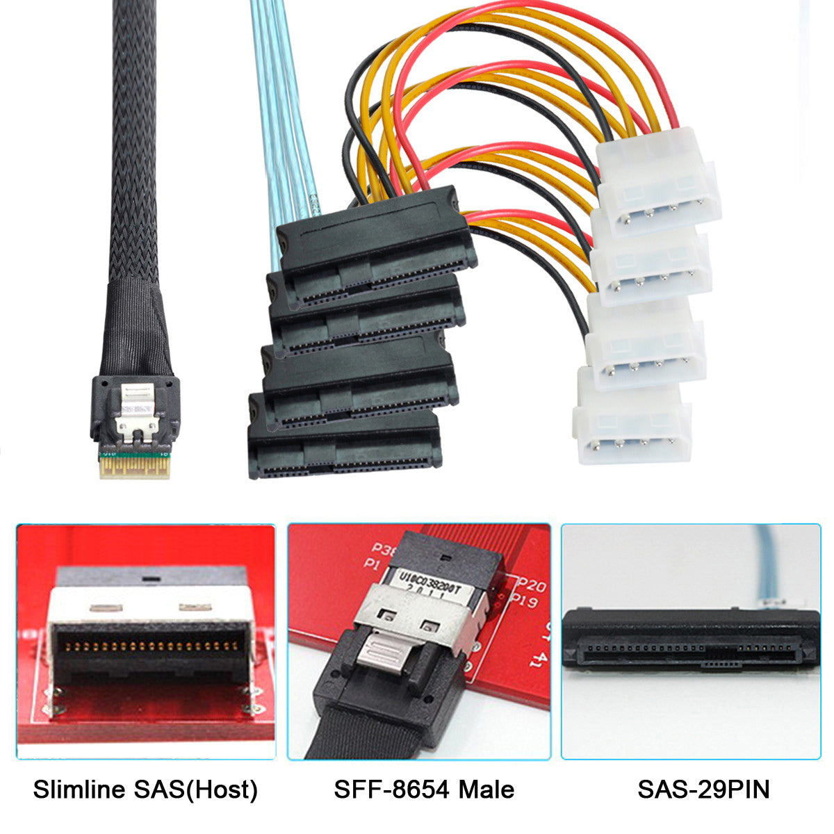 SF-047-1.0M Slimline SAS 4.0 SFF-8654 4i 38Pin Host to 4 SAS 29Pin SFF-8482 Target Hard Disk Fanout Raid Cable 1m