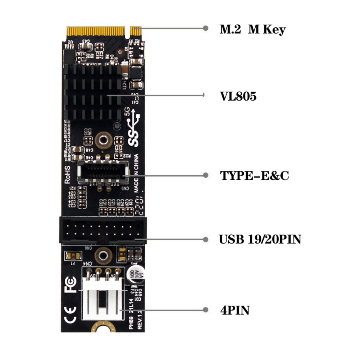 EP-018 NVME NGFF M-Key Express Card to Type-E USB 3.1 Front Panel and USB 3.0 20Pin Socket VL805 Adapter for Motherboard