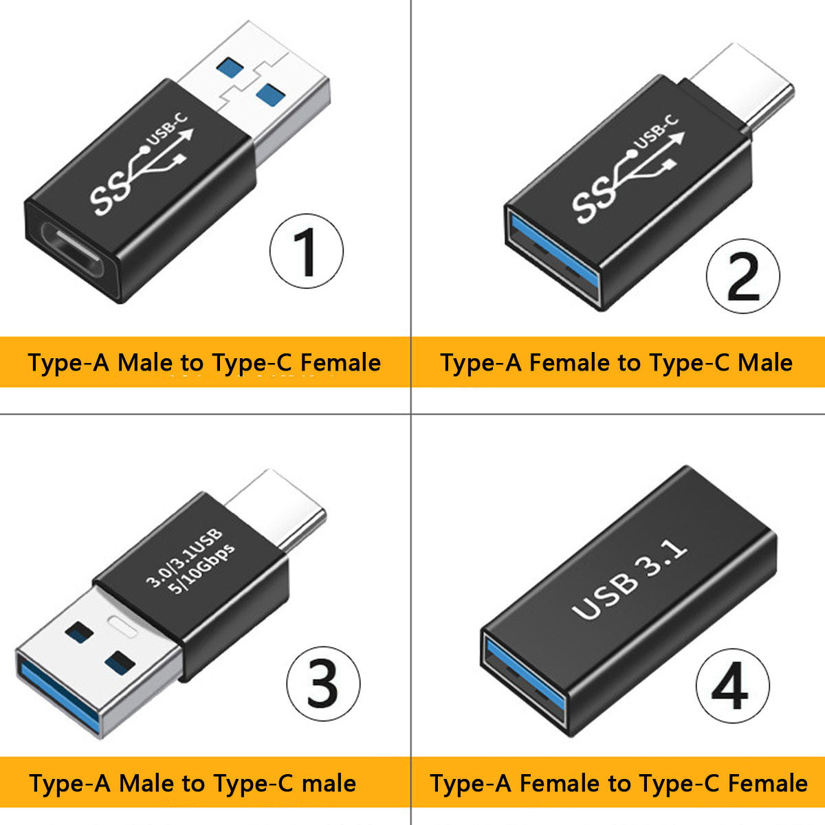 UC-070 4Pcs/Set Portable USB-C to USB-A Converter 10Gbps Data Transfer OTG Adapter