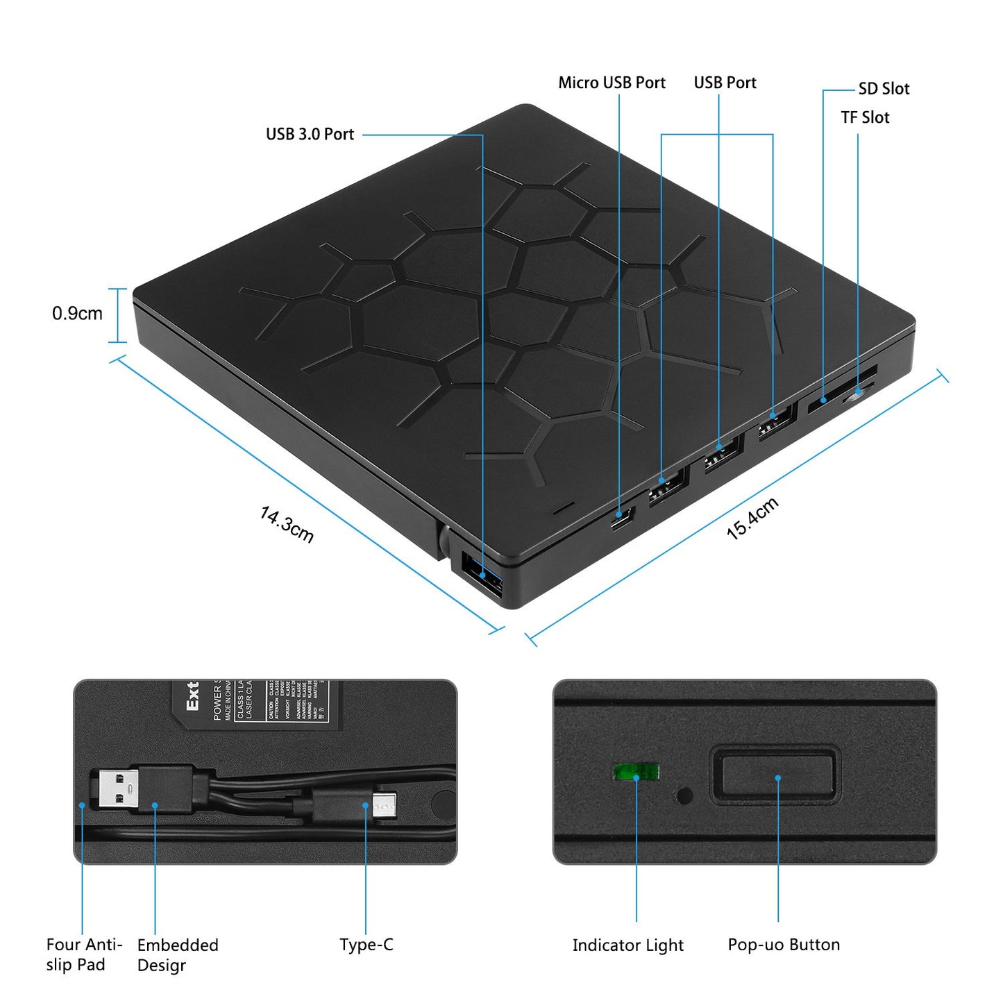 Computer External Optical Drive Burner USB 3.0 Ports TF SD Card Reader High Speed DVD Burner