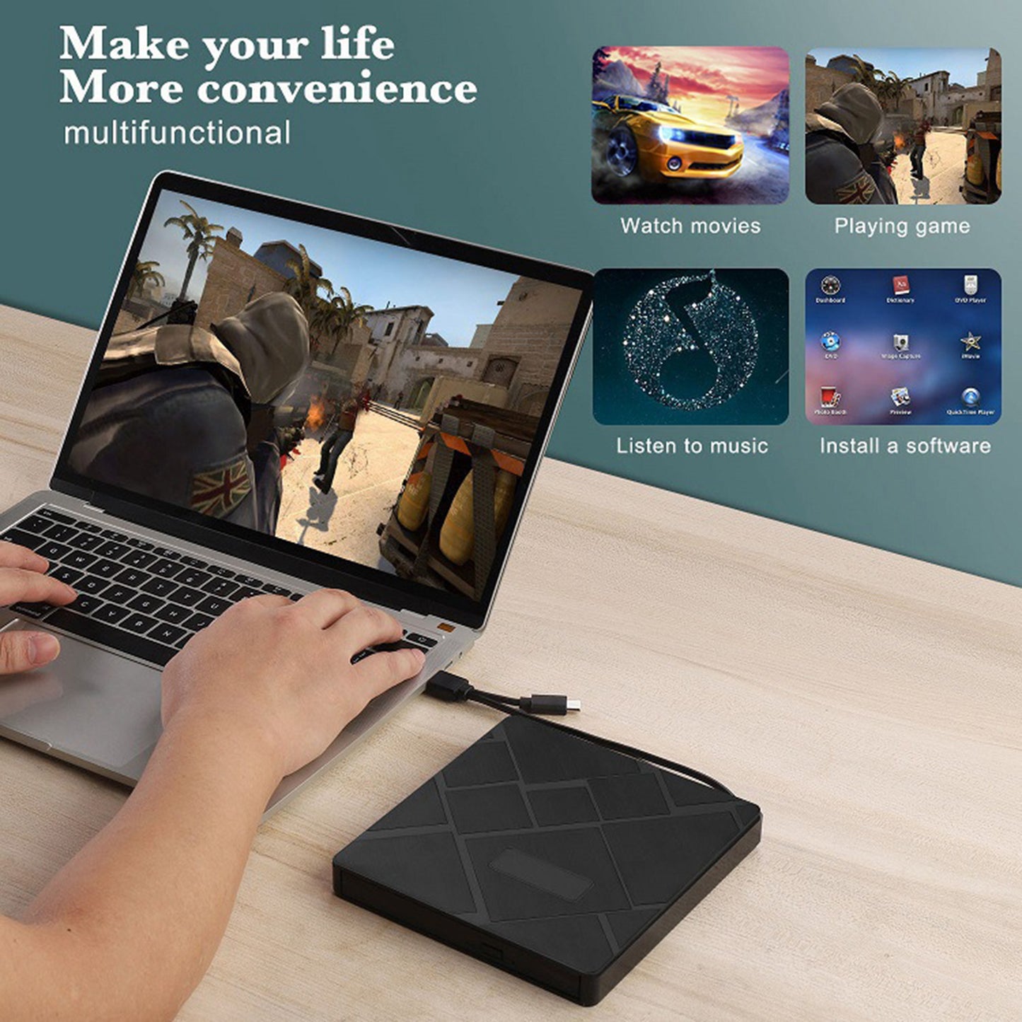 USB 3.0 Computer Laptop External Optical Drive Dual USB Ports TF SD Card Reader CD DVD Burner