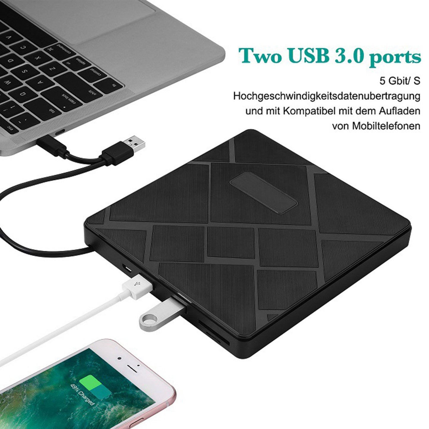 USB 3.0 Computer Laptop External Optical Drive Dual USB Ports TF SD Card Reader CD DVD Burner