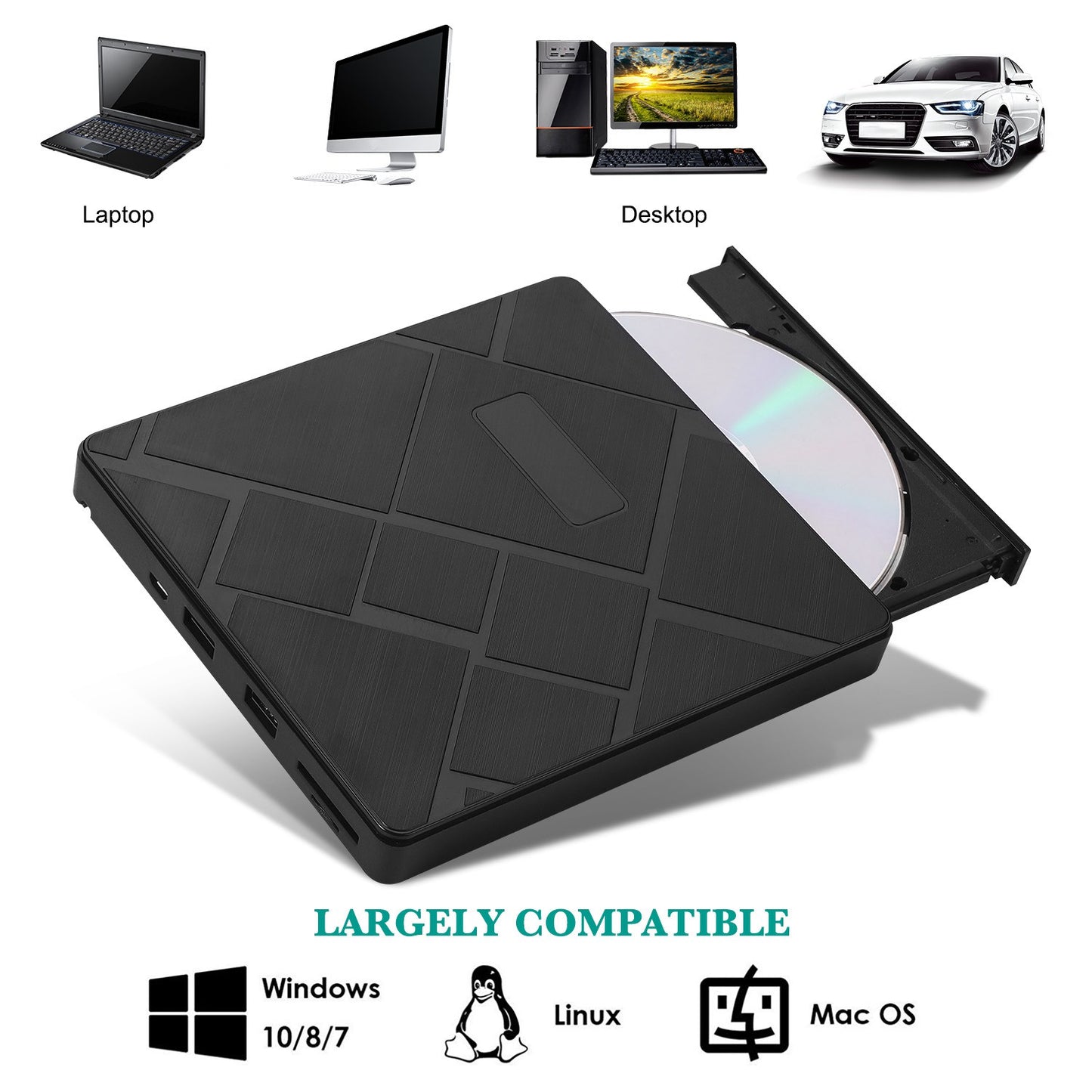 USB 3.0 Computer Laptop External Optical Drive Dual USB Ports TF SD Card Reader CD DVD Burner