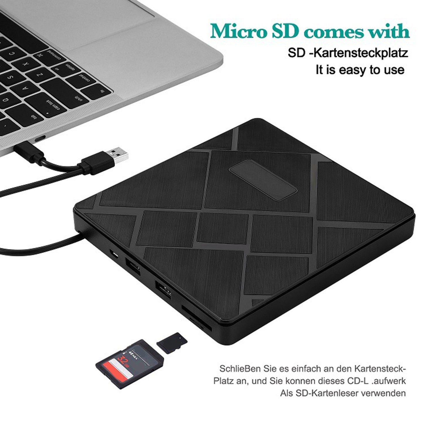 USB 3.0 Computer Laptop External Optical Drive Dual USB Ports TF SD Card Reader CD DVD Burner