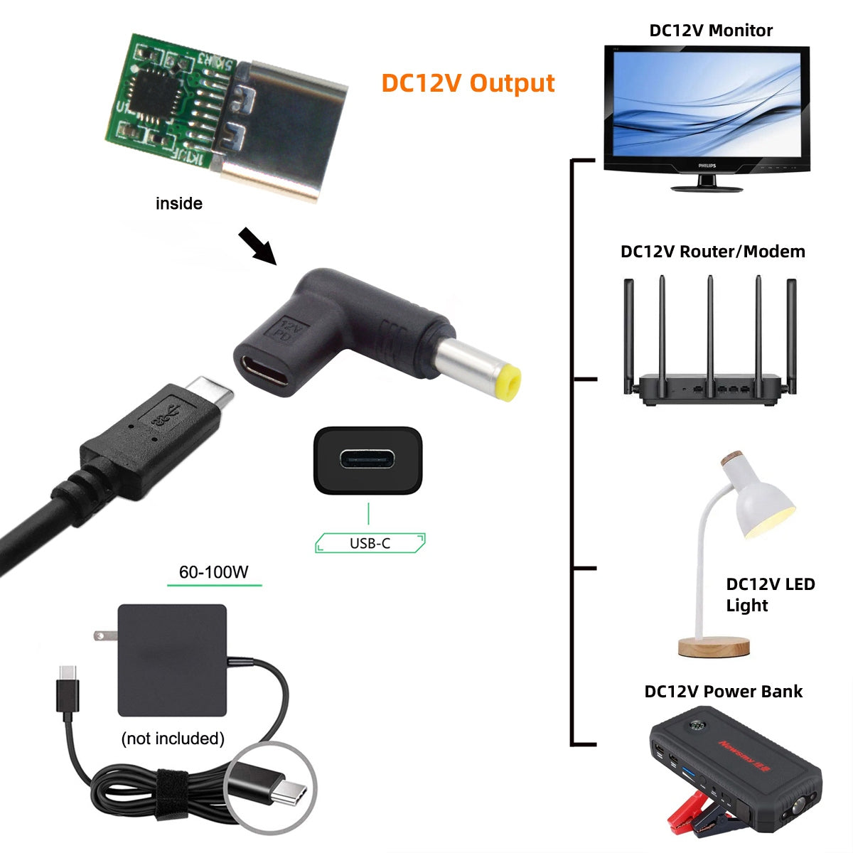 UC-090-5525MM USB 3.1 Type C Female to DC 12V Plug Adapter PD Emulator Trigger 90 Degree Angled Converter, DC5.5*2.5mm