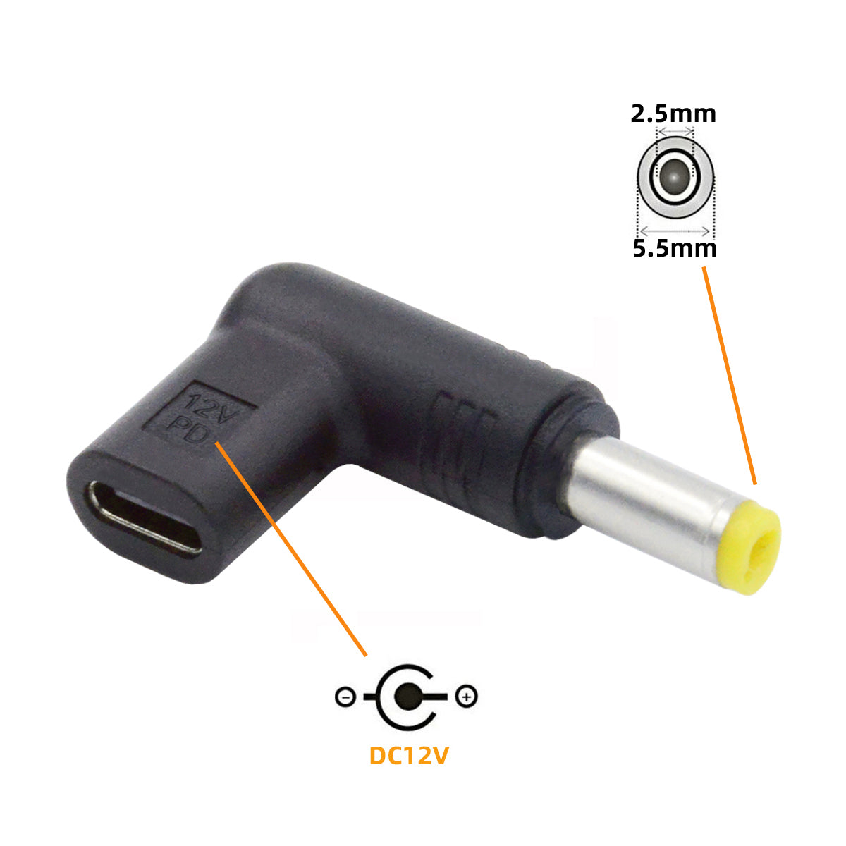 UC-090-5525MM USB 3.1 Type C Female to DC 12V Plug Adapter PD Emulator Trigger 90 Degree Angled Converter, DC5.5*2.5mm