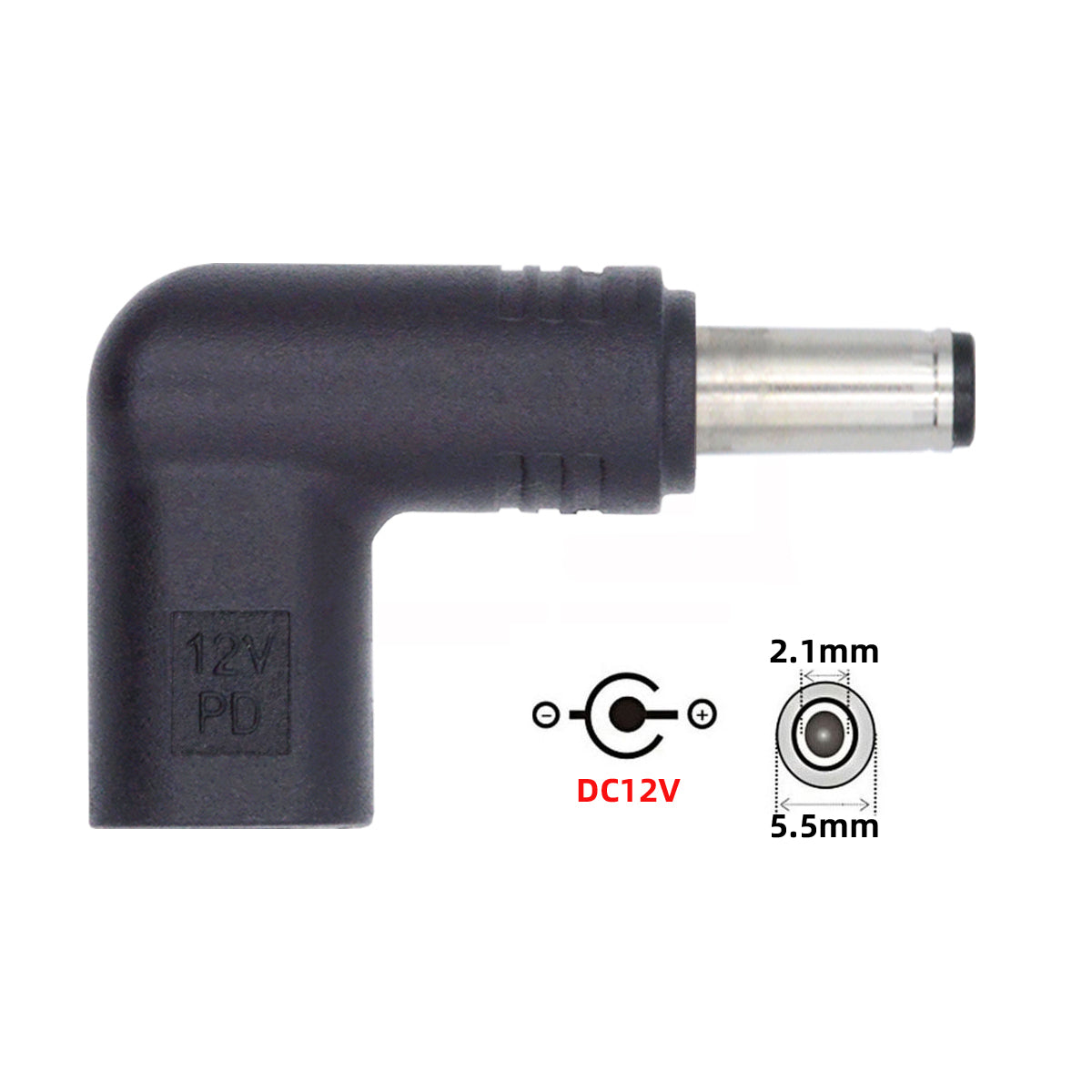 UC-090-5521MM 90 Degree Angled USB 3.1 Type C Female to DC 12V Plug Adapter PD Emulator Trigger Converter, DC5.5*2.1mm