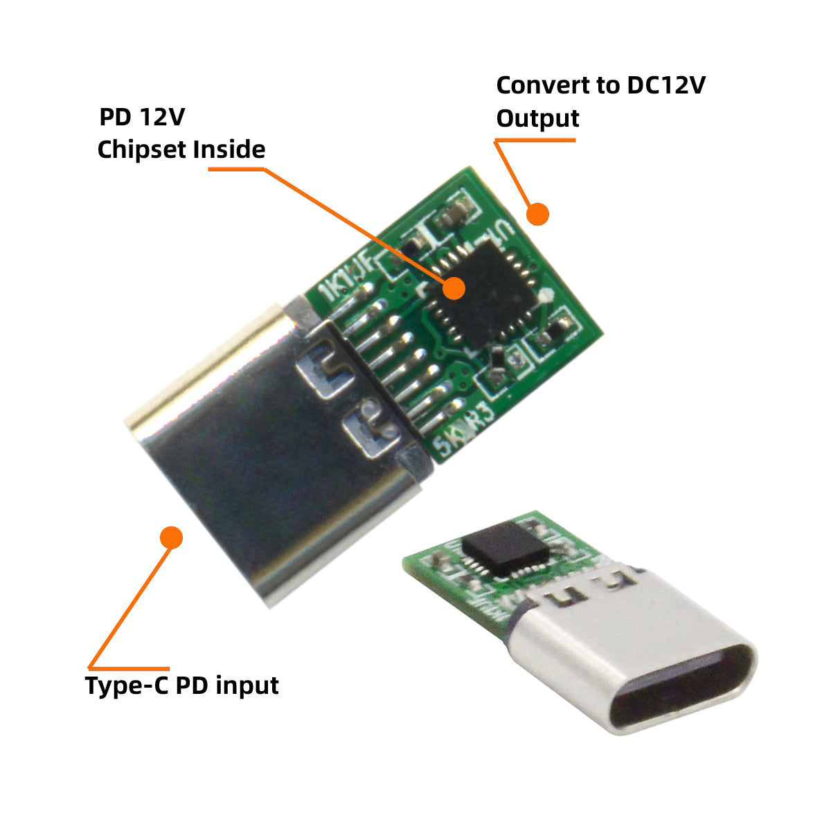 UC-090-5521MM 90 Degree Angled USB 3.1 Type C Female to DC 12V Plug Adapter PD Emulator Trigger Converter, DC5.5*2.1mm