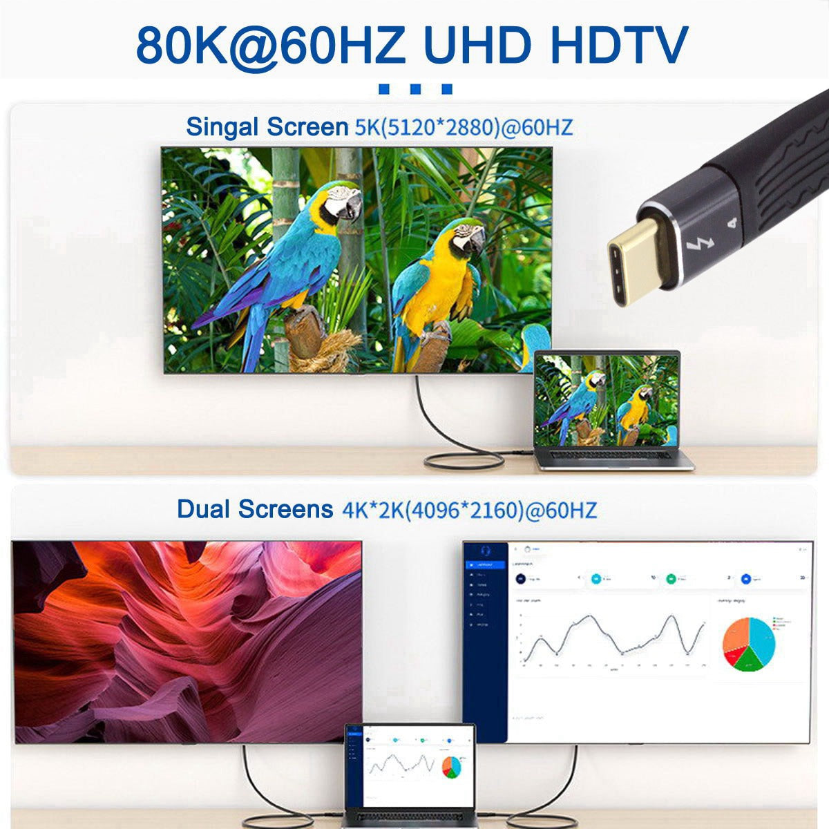 TB-005-0.22M ThunderBolt4 Flat Slim Cable 40Gbps 5A 100W Fast Charging Speed Supports 8K 60Hz 5K 60Hz Video Output