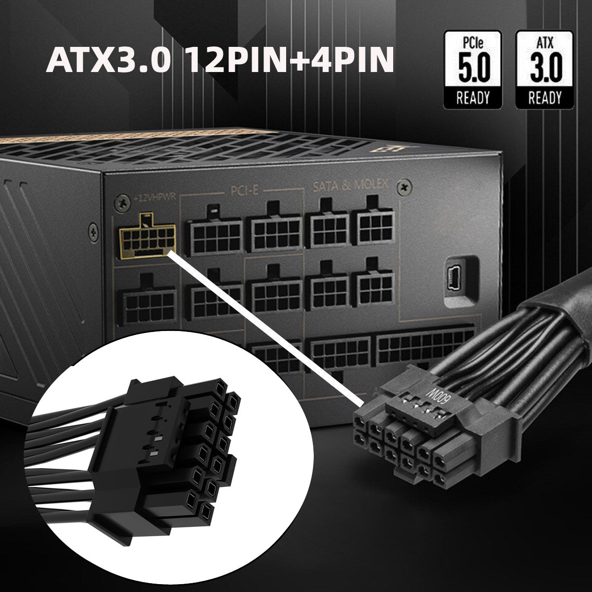 PW-013 30cm 12VHPWR ATX3.0 PCI-E 5.0 Power Modular Cable 16Pin to 16Pin Cord for 3080 3090TI PSU 12+4Pin Graphics Card