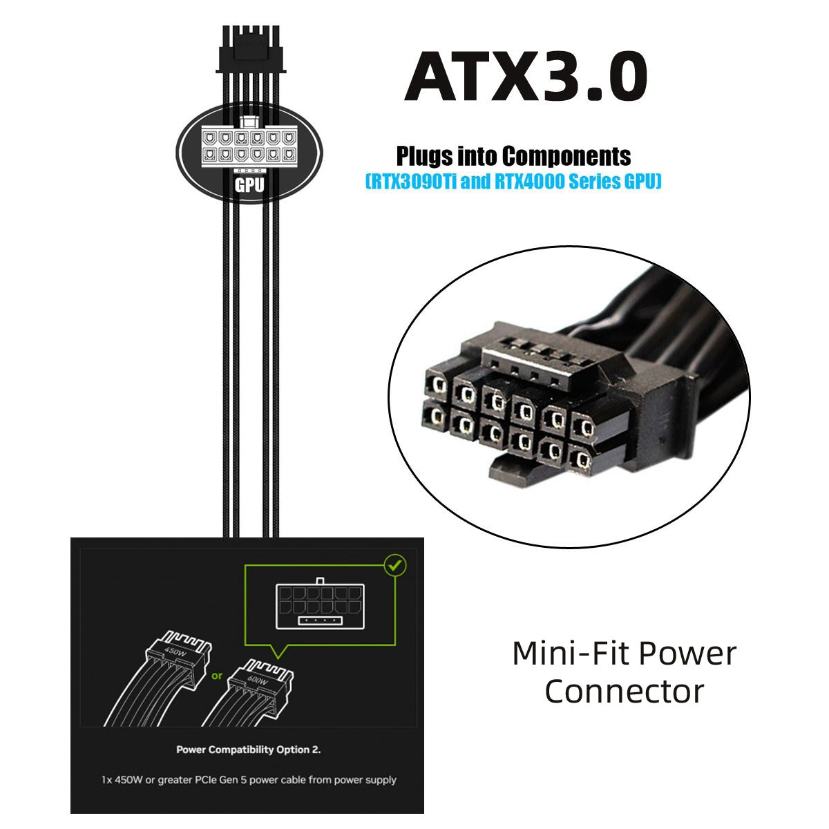 PW-013 30cm 12VHPWR ATX3.0 PCI-E 5.0 Power Modular Cable 16Pin to 16Pin Cord for 3080 3090TI PSU 12+4Pin Graphics Card