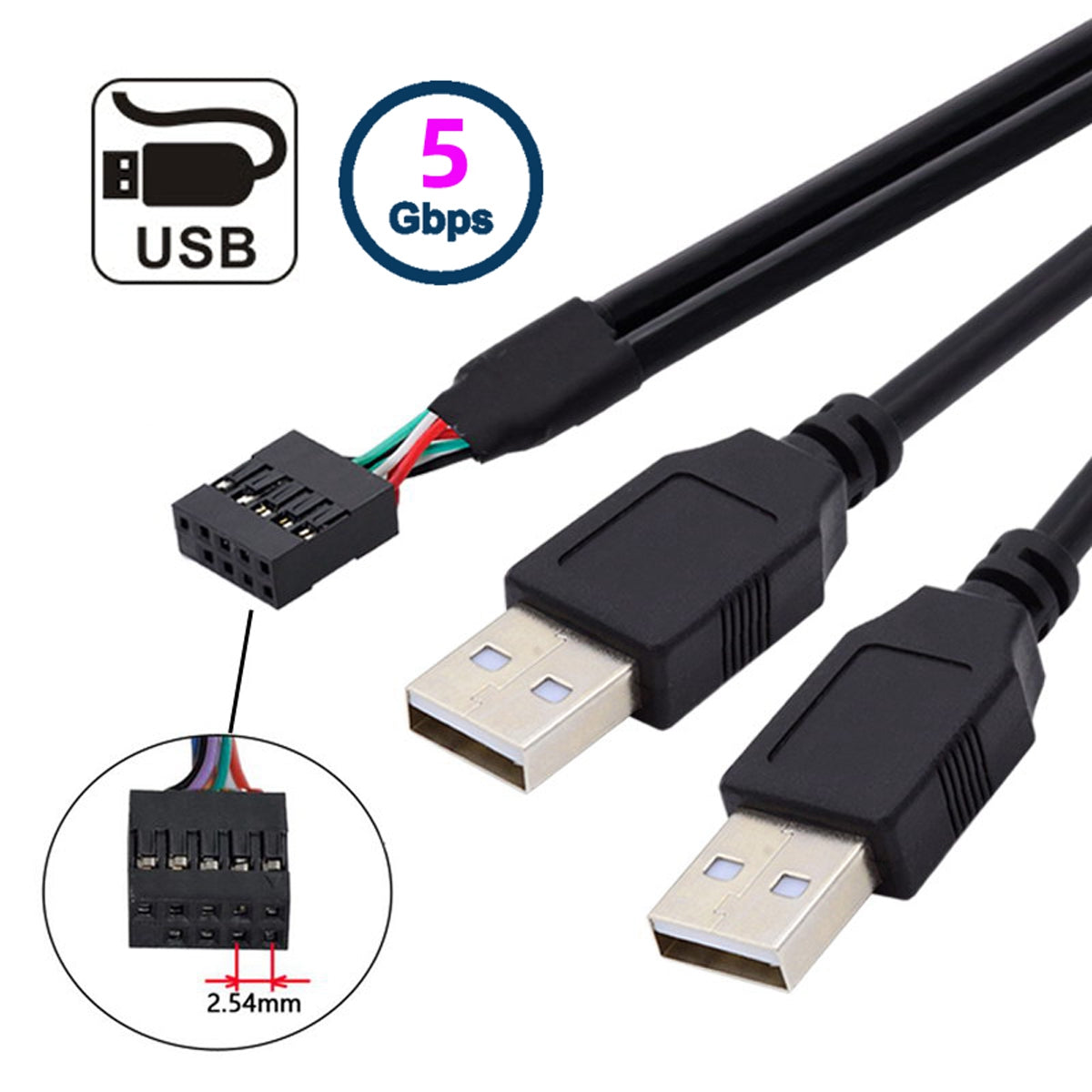 U2-128 50cm Motherboard 9Pin Female Housing to Dual USB 2.0 Male Type-A Cable