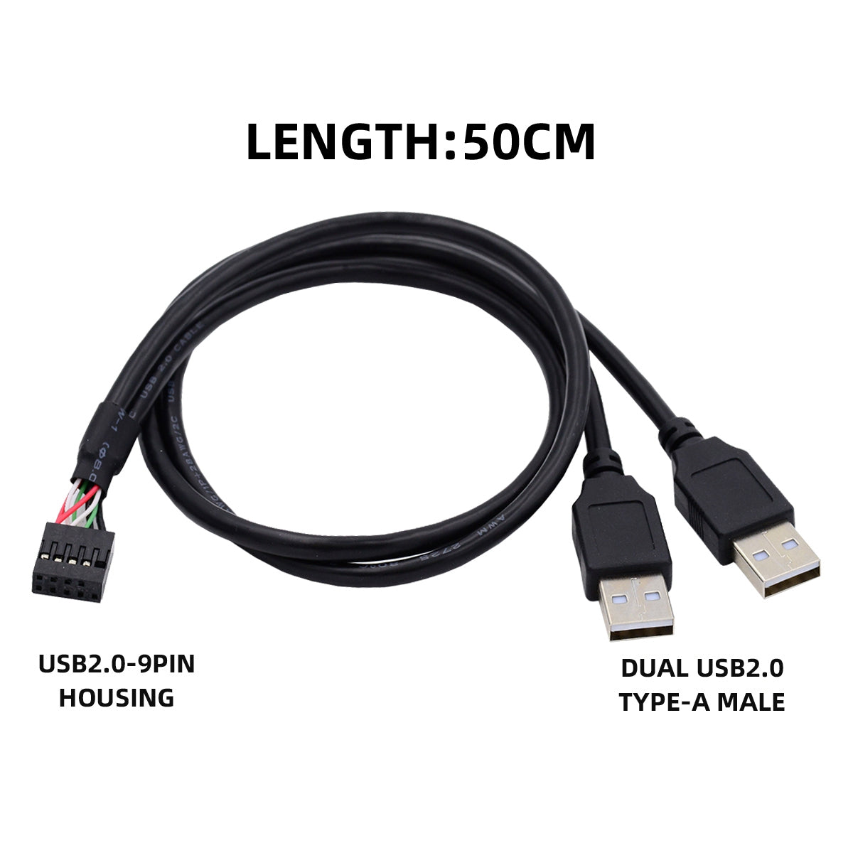 U2-128 50cm Motherboard 9Pin Female Housing to Dual USB 2.0 Male Type-A Cable