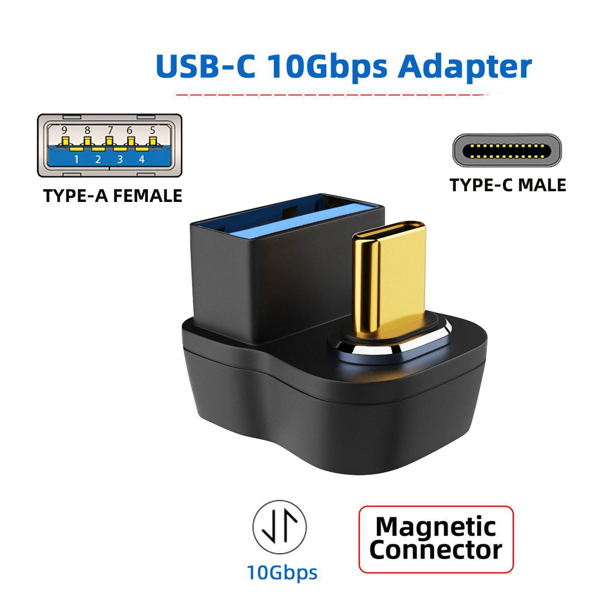 UC-028-AFO Opposite U-Shape Back Angled Connector Magnetic USB-C Adapter Type-C Male to USB Female 10Gbps Data Transmission Convertor