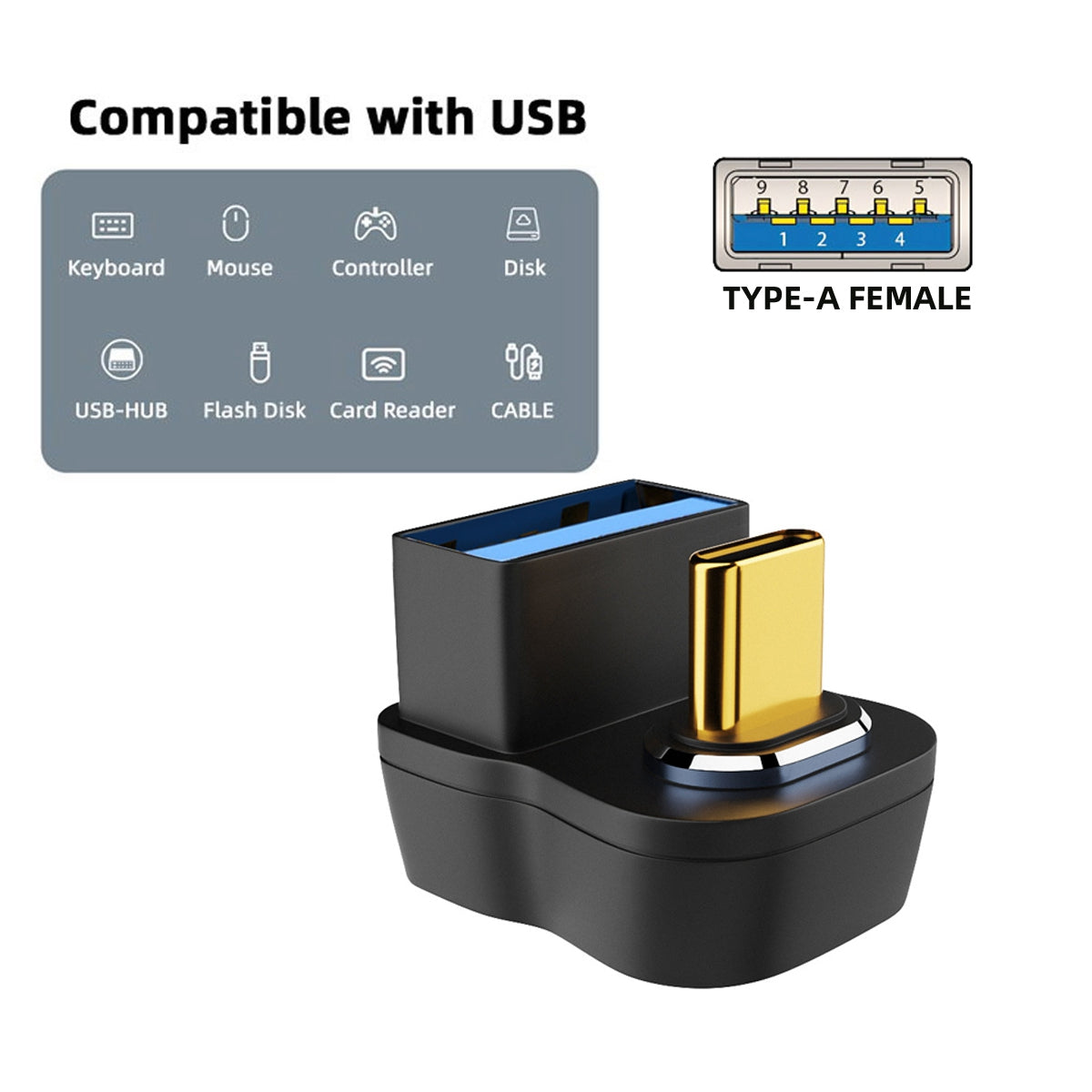UC-028-AFO Opposite U-Shape Back Angled Connector Magnetic USB-C Adapter Type-C Male to USB Female 10Gbps Data Transmission Convertor