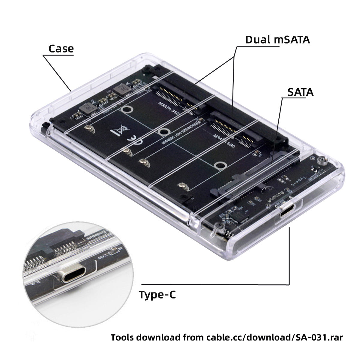 SA-049+UC-079-WH Dual MSATA Mini-SATA SSD Card JOBD Raid0 Span Bridge to USB3.0 Type-C USB-C 2.5-inch SATA Combo Enclosure