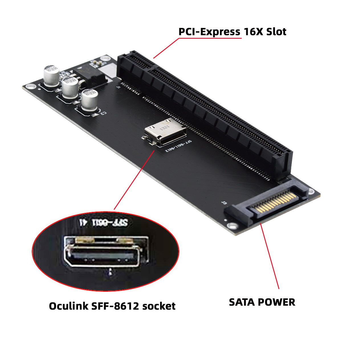Oculink SFF-8612 SFF-8611 to PCIE PCI-Express 16x 4x Adapter with SATA Power Port for Mainboard