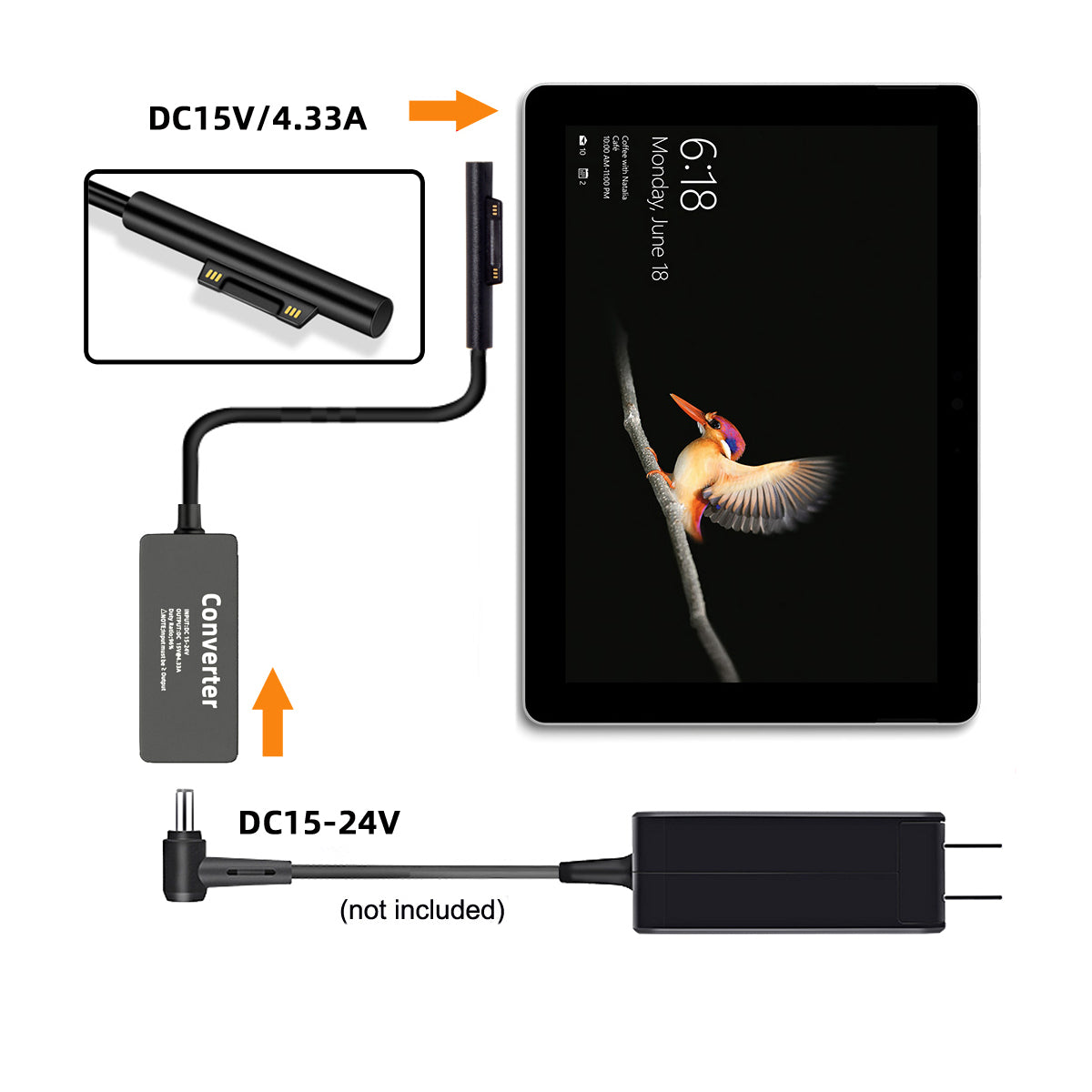 PW-016-5521MM DC 5.5X2.1mm Jack 65W 20V Power Adapter 15V-24V to Surface Pro 3 / 4 / 5 / 6 / 7 / 8 / 9 Charging Converter