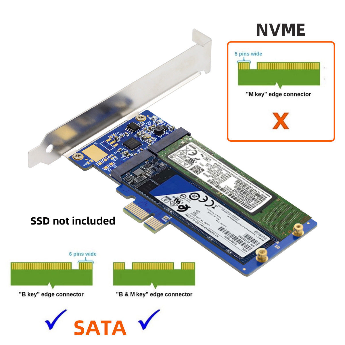 SA-053 Dual SATA NGFF Key B+M SSD to PCI-E 1x Motherboard Desktop Adapter Converter SSD Card JMB582 2280