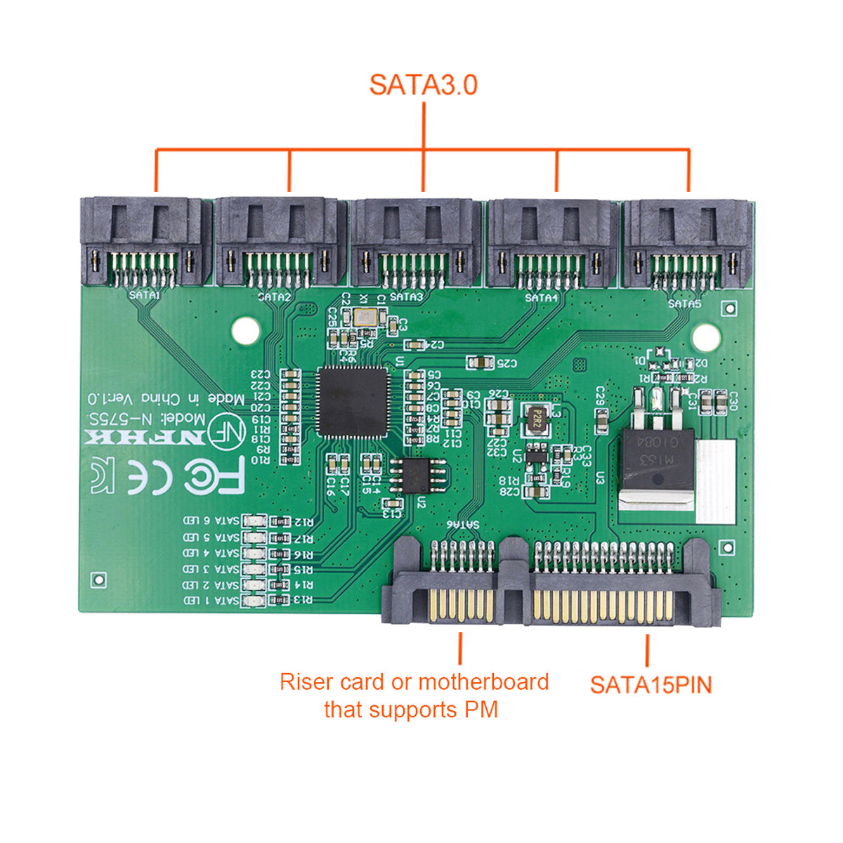 SA-054 SATA 3.0 6Gbps 1 to 5 Splitter Ports HUB Adapter Converter PM Multiplier Port Selector JMB575