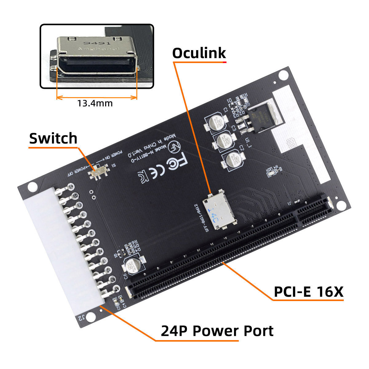 SF-059 4x Oculink SFF-8612 SFF-8611 to PCIE PCI-Express 16x Adapter with ATX 24-Pin Power Port for Mainboard Graphics Card