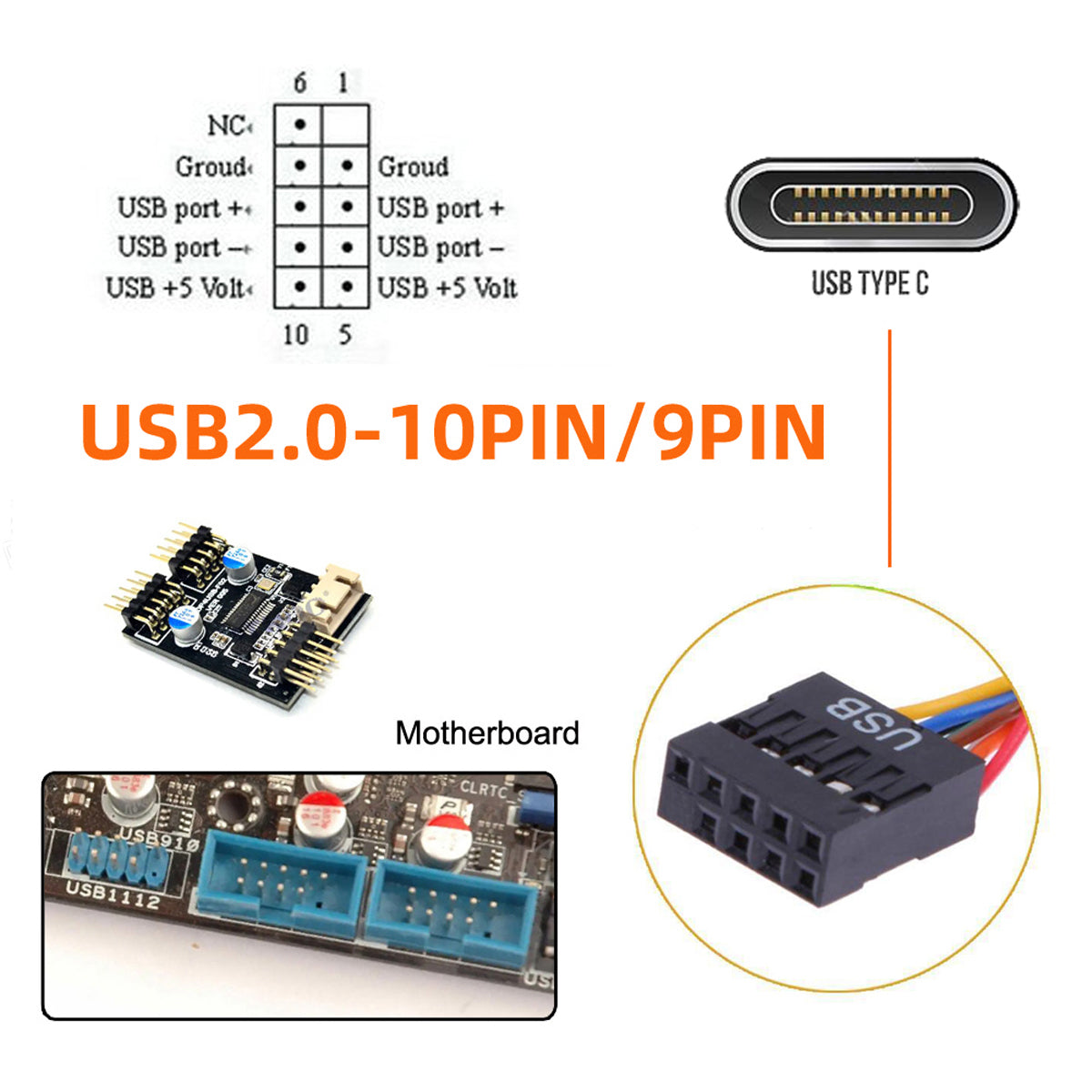 UC-138 Single Port USB 3.1 Type C USB-C Female to USB 2.0 Motherboard 9pin 10pin Header Cable