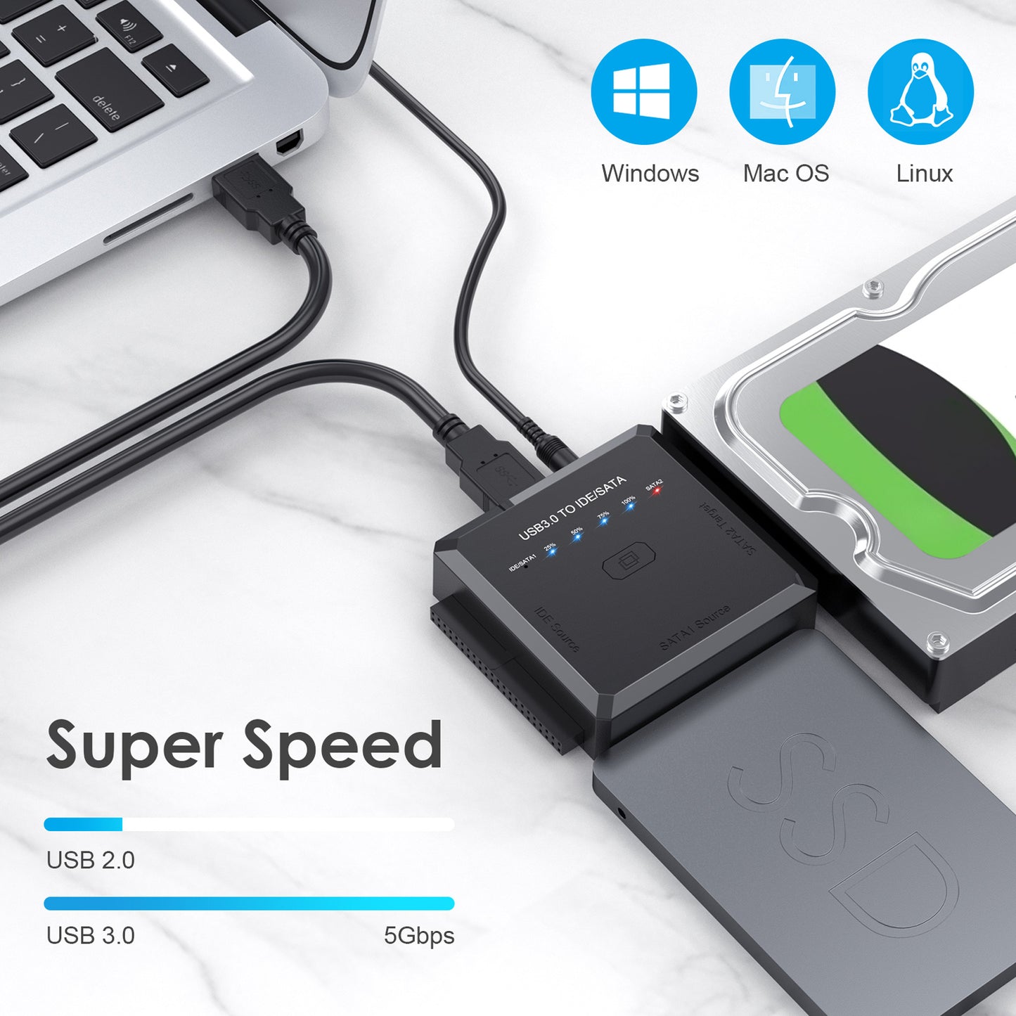 USB3.0 to IDE / SATA Converter Adapter with One-click Backup Function for 2.5" / 3.5" / 5.25" Hard Disk - EU Plug