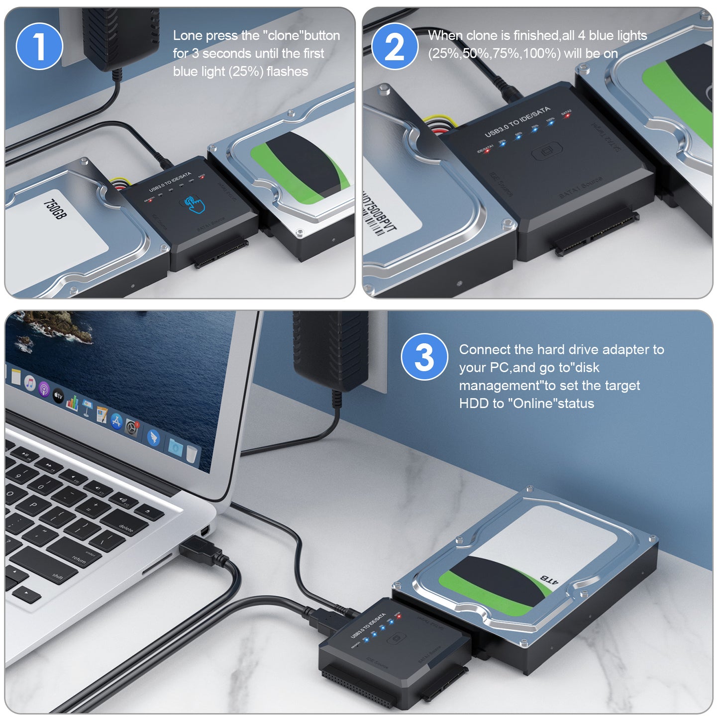 USB3.0 to IDE / SATA Converter Adapter with One-click Backup Function for 2.5" / 3.5" / 5.25" Hard Disk - US Plug